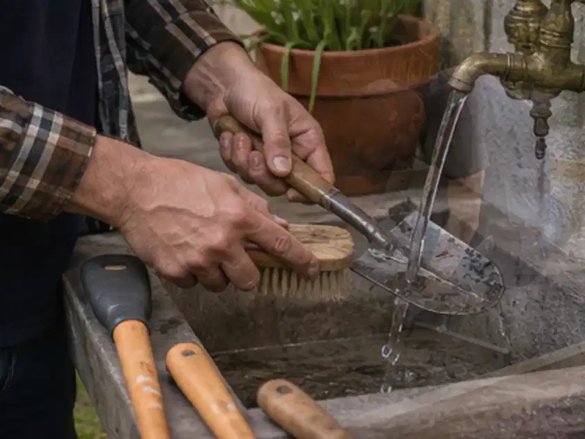 Hände reinigen gebrauchte Gartengeräte mit Bürste und Wasser am Außenbecken; Thema Vertikutierer, Schwerpunkt Checkliste; Titelbild.