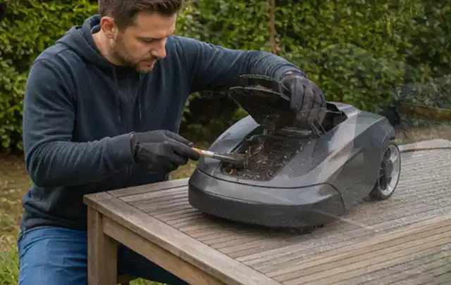 Person wartet einen geöffneten Mähroboter auf einem stabilen Gartentisch; Thema Vertikutierer, Schwerpunkt Checkliste; Ausgangslage.