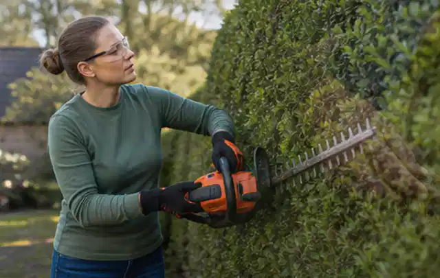 Person schneidet eine dichte Gartenhecke mit Schutzbrille und sicherem Stand; Thema Vertikutierer, Schwerpunkt Checkliste; Praxisalltag.