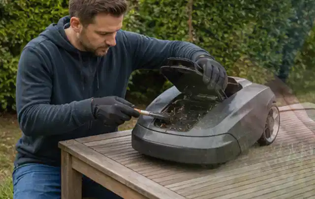 Person wartet einen geöffneten Mähroboter auf einem stabilen Gartentisch; Thema Vertikutierer, Schwerpunkt Dimensionierung; Kontrolle.