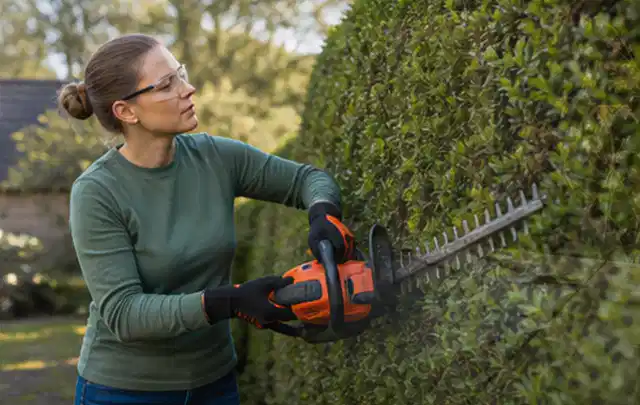 Person schneidet eine dichte Gartenhecke mit Schutzbrille und sicherem Stand; Thema Vertikutierer, Schwerpunkt Dimensionierung; Praxisalltag.