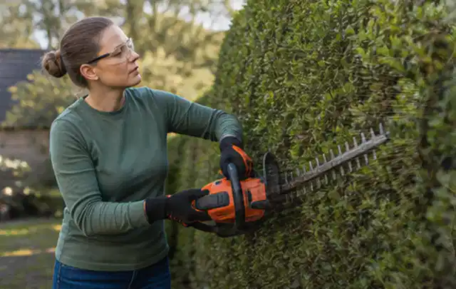 Person schneidet eine dichte Gartenhecke mit Schutzbrille und sicherem Stand; Thema Vertikutierer, Schwerpunkt Ersatzteile; Ergebnis.