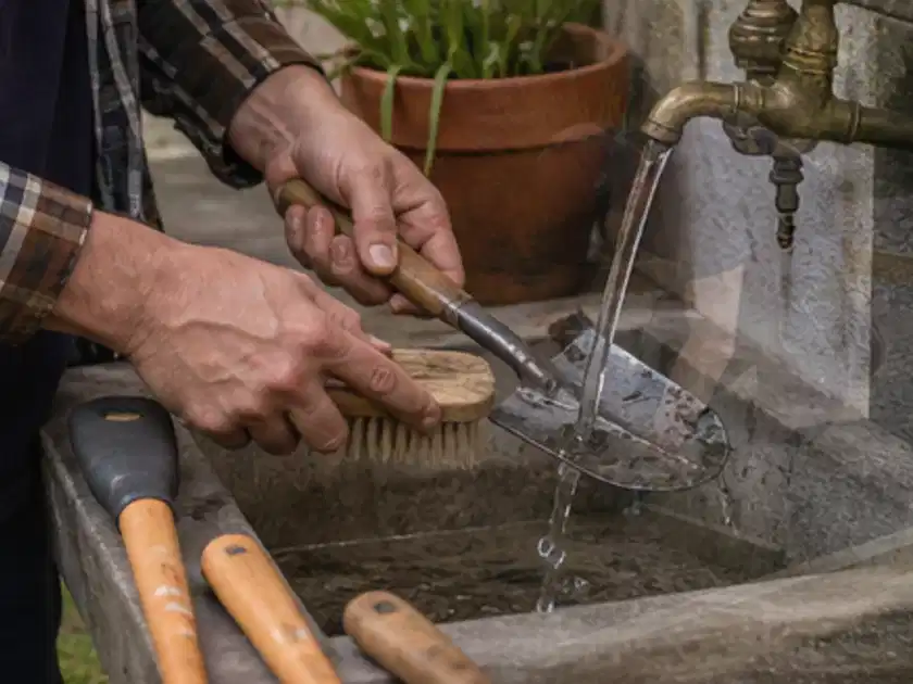 Hände reinigen gebrauchte Gartengeräte mit Bürste und Wasser am Außenbecken; Thema Vertikutierer, Schwerpunkt Fehlerhilfe; Titelbild.