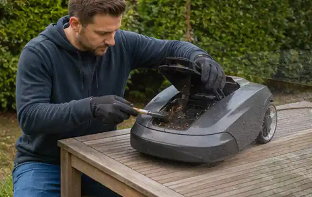 Person wartet einen geöffneten Mähroboter auf einem stabilen Gartentisch; Thema Vertikutierer, Schwerpunkt Fehlerhilfe; Ausgangslage.