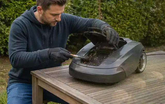 Person wartet einen geöffneten Mähroboter auf einem stabilen Gartentisch; Thema Vertikutierer, Schwerpunkt Gärten mit großer Fläche; Umsetzung.