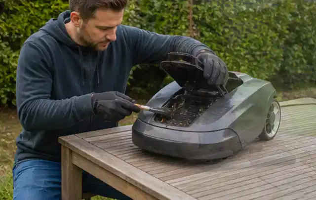 Person wartet einen geöffneten Mähroboter auf einem stabilen Gartentisch; Thema Vertikutierer, Schwerpunkt Gartengeräte; Kontrolle.