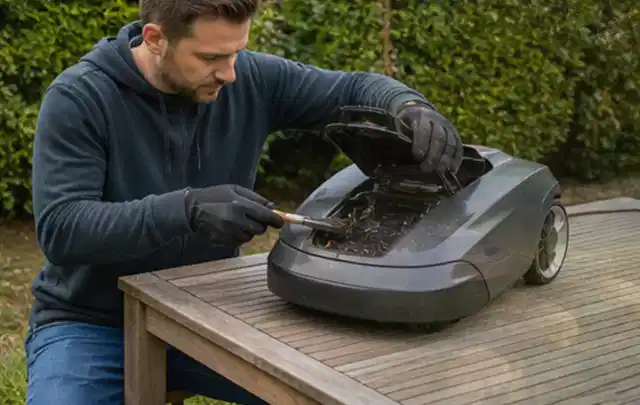 Person wartet einen geöffneten Mähroboter auf einem stabilen Gartentisch; Thema Vertikutierer, Schwerpunkt Kosten; Kontrolle.