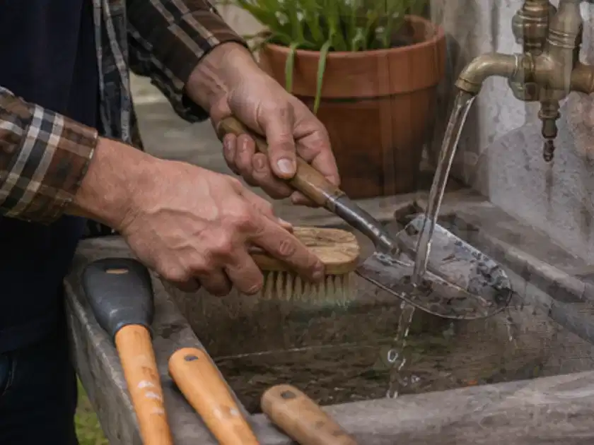 Hände reinigen gebrauchte Gartengeräte mit Bürste und Wasser am Außenbecken; Thema Vertikutierer, Schwerpunkt Leistung; Titelbild.