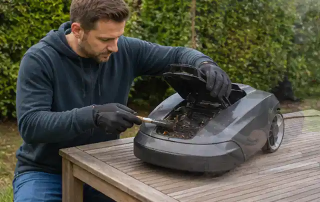 Person wartet einen geöffneten Mähroboter auf einem stabilen Gartentisch; Thema Vertikutierer, Schwerpunkt Leistung; Ausgangslage.