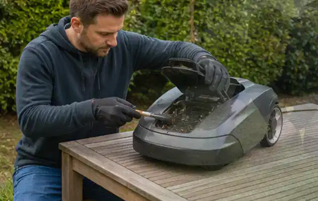 Person wartet einen geöffneten Mähroboter auf einem stabilen Gartentisch; Thema Vertikutierer, Schwerpunkt Nachhaltigkeit; Ergebnis.