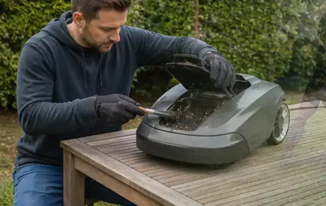 Person wartet einen geöffneten Mähroboter auf einem stabilen Gartentisch; Thema Vertikutierer, Schwerpunkt Reinigung; Ergebnis.