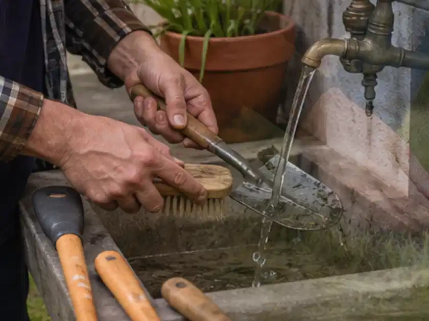 Hände reinigen gebrauchte Gartengeräte mit Bürste und Wasser am Außenbecken; Thema Vertikutierer, Schwerpunkt Reparatur; Titelbild.