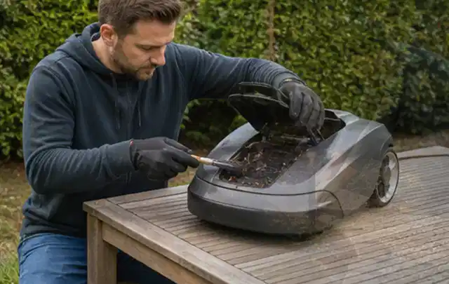 Person wartet einen geöffneten Mähroboter auf einem stabilen Gartentisch; Thema Vertikutierer, Schwerpunkt Reparatur; Kontrolle.