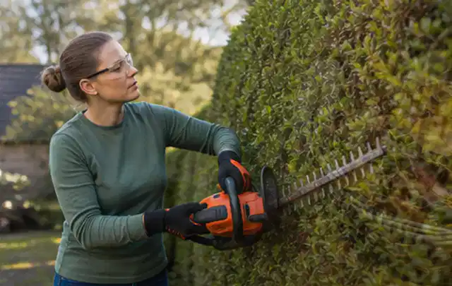 Person schneidet eine dichte Gartenhecke mit Schutzbrille und sicherem Stand; Thema Vertikutierer, Schwerpunkt Reparatur; Praxisalltag.