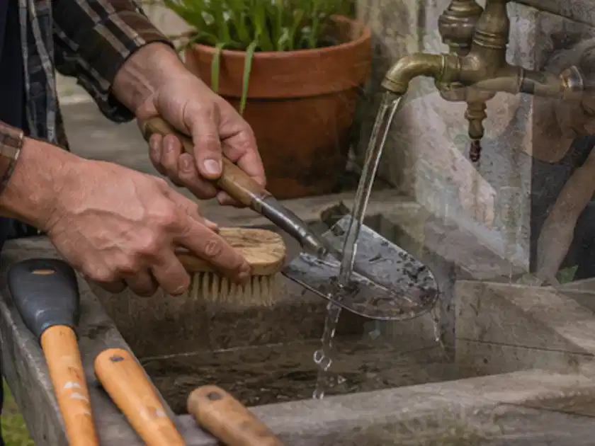 Hände reinigen gebrauchte Gartengeräte mit Bürste und Wasser am Außenbecken; Thema Vertikutierer, Schwerpunkt Sicherheit; Titelbild.