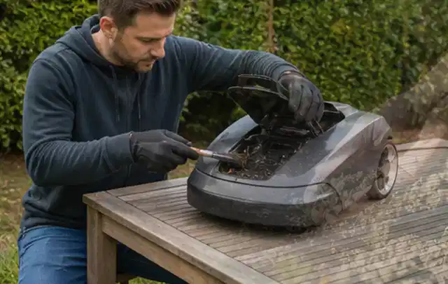 Person wartet einen geöffneten Mähroboter auf einem stabilen Gartentisch; Thema Vertikutierer, Schwerpunkt Systemvergleich; Ausgangslage.