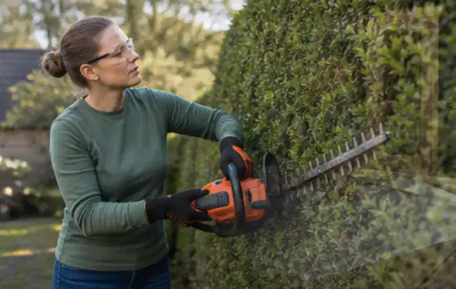 Person schneidet eine dichte Gartenhecke mit Schutzbrille und sicherem Stand; Thema Vertikutierer, Schwerpunkt Systemvergleich; Praxisalltag.