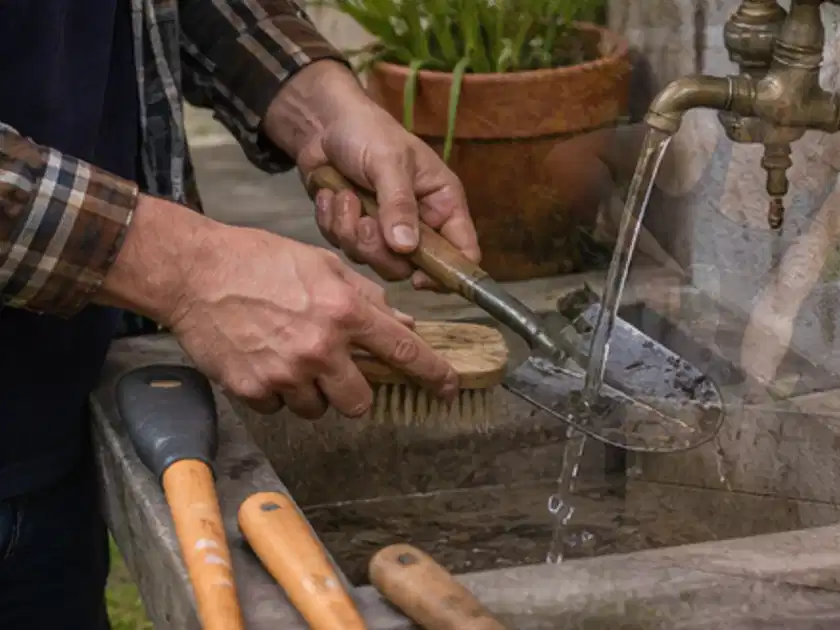 Hände reinigen gebrauchte Gartengeräte mit Bürste und Wasser am Außenbecken; Thema Vertikutierer, Schwerpunkt Testkriterien; Titelbild.