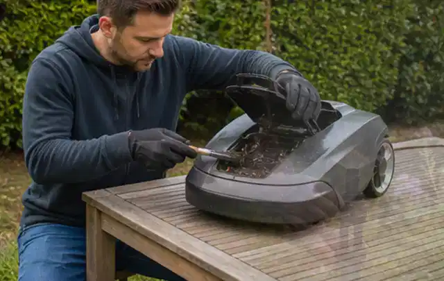 Person wartet einen geöffneten Mähroboter auf einem stabilen Gartentisch; Thema Vertikutierer, Schwerpunkt Testkriterien; Kontrolle.