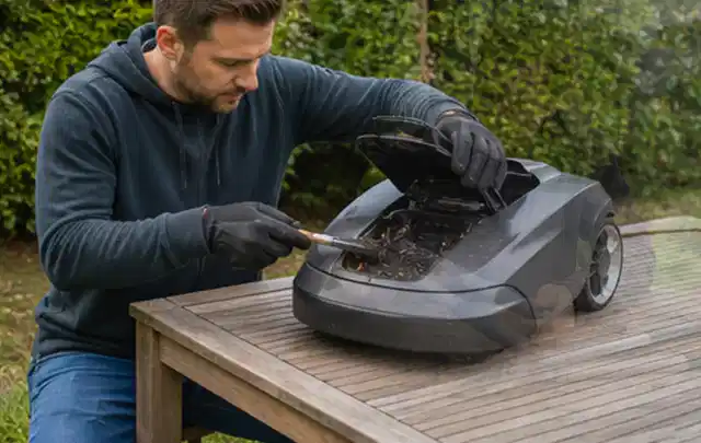 Person wartet einen geöffneten Mähroboter auf einem stabilen Gartentisch; Thema Vertikutierer, Schwerpunkt Wartung; Umsetzung.