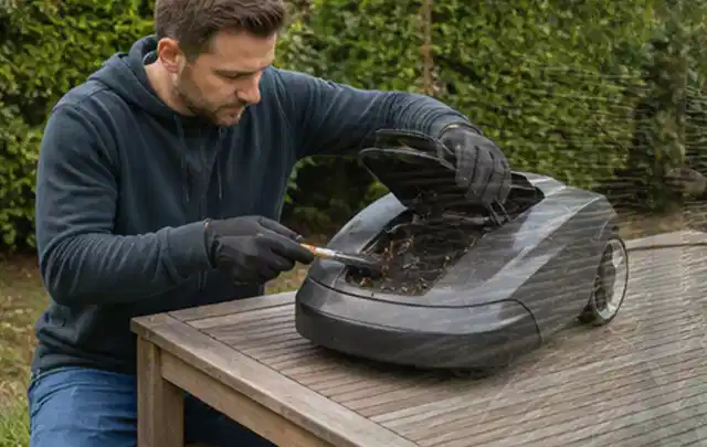 Person wartet einen geöffneten Mähroboter auf einem stabilen Gartentisch; Thema Vertikutierer, Schwerpunkt Winterlager; Ergebnis.