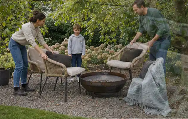 Familie stellt wetterfeste Sessel an einem geschützten Sitzplatz im Garten auf; Thema Vorgarten, Schwerpunkt Anleitung; Ausgangslage.
