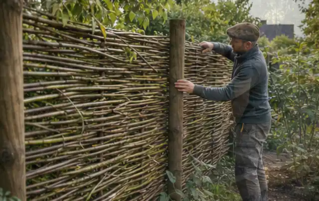 Person befestigt geflochtene Weidenruten an stabilen Holzpfosten im Garten; Thema Vorgarten, Schwerpunkt Anleitung; Umsetzung.
