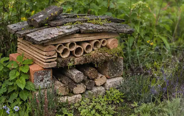 Naturnaher Unterschlupf aus Holz Rinde und Pflanzenstängeln im Garten; Thema Vorgarten, Schwerpunkt Anleitung; Praxisalltag.