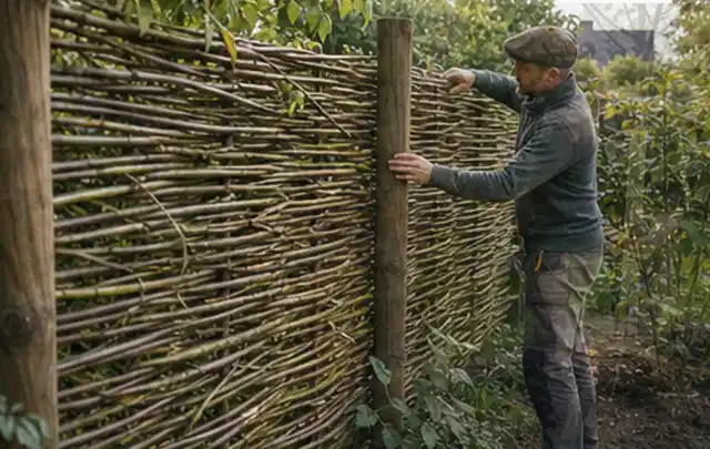 Person befestigt geflochtene Weidenruten an stabilen Holzpfosten im Garten; Thema Vorgarten, Schwerpunkt Beleuchtung; Kontrolle.