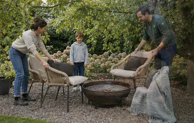 Familie stellt wetterfeste Sessel an einem geschützten Sitzplatz im Garten auf; Thema Vorgarten, Schwerpunkt Beleuchtung; Ergebnis.