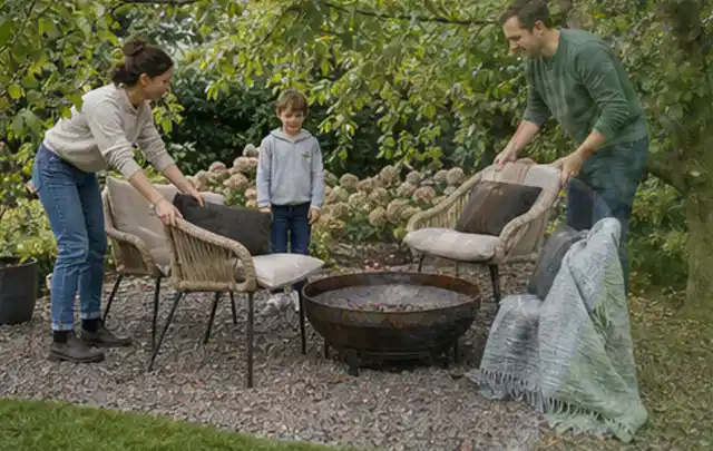 Familie stellt wetterfeste Sessel an einem geschützten Sitzplatz im Garten auf; Thema Vorgarten, Schwerpunkt Bepflanzung; Umsetzung.