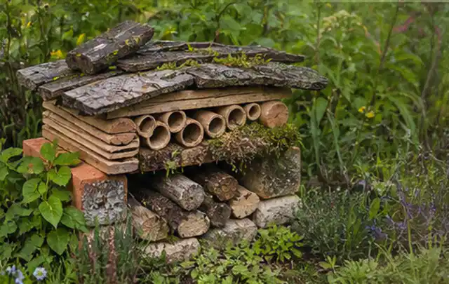 Naturnaher Unterschlupf aus Holz Rinde und Pflanzenstängeln im Garten; Thema Vorgarten, Schwerpunkt Bepflanzung; Ergebnis.