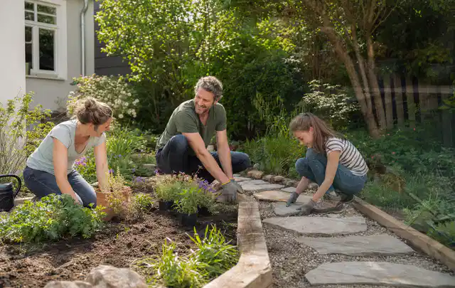 Familie geht auf einem Weg durch einen abwechslungsreich gestalteten Garten; Thema Vorgarten, Schwerpunkt Checkliste; Ausgangslage.