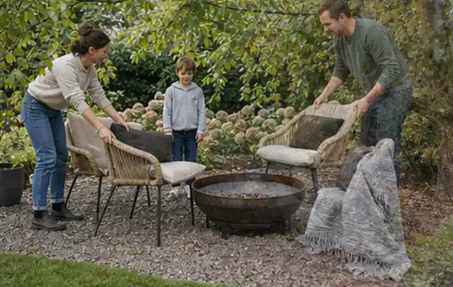 Familie stellt wetterfeste Sessel an einem geschützten Sitzplatz im Garten auf; Thema Vorgarten, Schwerpunkt Checkliste; Umsetzung.