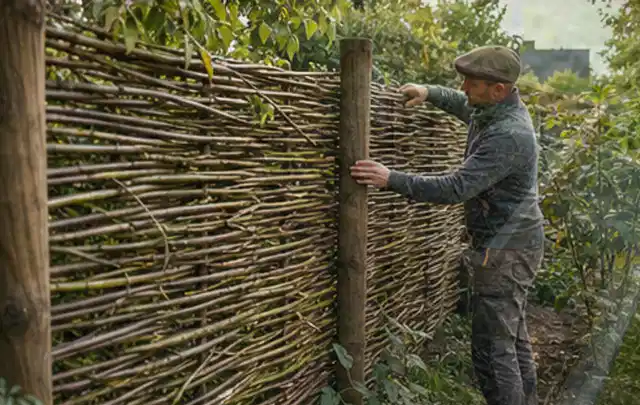 Person befestigt geflochtene Weidenruten an stabilen Holzpfosten im Garten; Thema Vorgarten, Schwerpunkt Checkliste; Kontrolle.