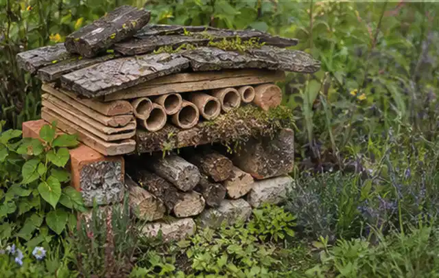 Naturnaher Unterschlupf aus Holz Rinde und Pflanzenstängeln im Garten; Thema Vorgarten, Schwerpunkt Checkliste; Ergebnis.