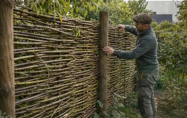 Person befestigt geflochtene Weidenruten an stabilen Holzpfosten im Garten; Thema Vorgarten, Schwerpunkt Fehlerhilfe; Umsetzung.