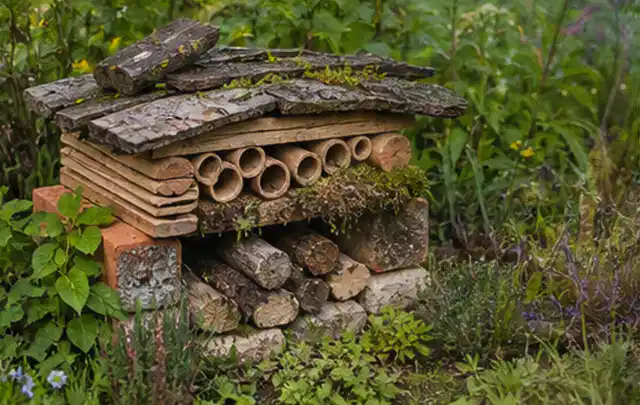 Naturnaher Unterschlupf aus Holz Rinde und Pflanzenstängeln im Garten; Thema Vorgarten, Schwerpunkt Fehlerhilfe; Kontrolle.