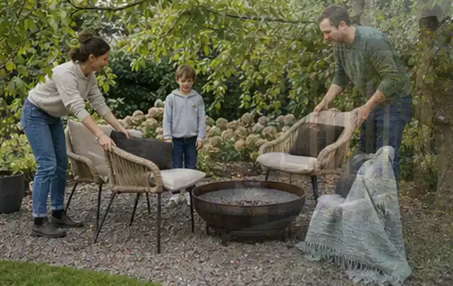 Familie stellt wetterfeste Sessel an einem geschützten Sitzplatz im Garten auf; Thema Vorgarten, Schwerpunkt Fehlerhilfe; Praxisalltag.