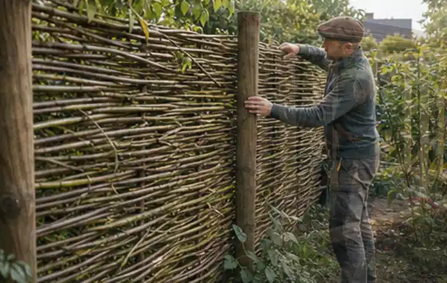 Person befestigt geflochtene Weidenruten an stabilen Holzpfosten im Garten; Thema Vorgarten, Schwerpunkt Gärten mit kleiner Fläche; Ausgangslage.