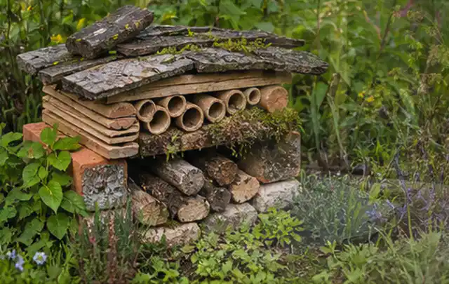 Naturnaher Unterschlupf aus Holz Rinde und Pflanzenstängeln im Garten; Thema Vorgarten, Schwerpunkt Gärten mit kleiner Fläche; Umsetzung.