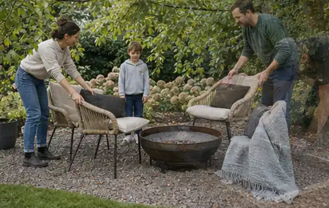 Familie stellt wetterfeste Sessel an einem geschützten Sitzplatz im Garten auf; Thema Vorgarten, Schwerpunkt Gärten mit kleiner Fläche; Ergebnis.