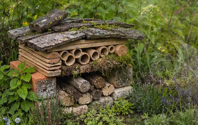 Naturnaher Unterschlupf aus Holz Rinde und Pflanzenstängeln im Garten; Thema Vorgarten, Schwerpunkt Garten gestalten; Ausgangslage.
