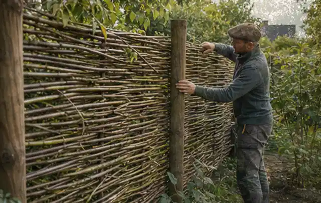 Person befestigt geflochtene Weidenruten an stabilen Holzpfosten im Garten; Thema Vorgarten, Schwerpunkt Garten gestalten; Umsetzung.