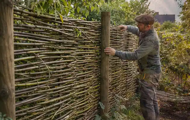 Person befestigt geflochtene Weidenruten an stabilen Holzpfosten im Garten; Thema Vorgarten, Schwerpunkt Hanglage; Ausgangslage.