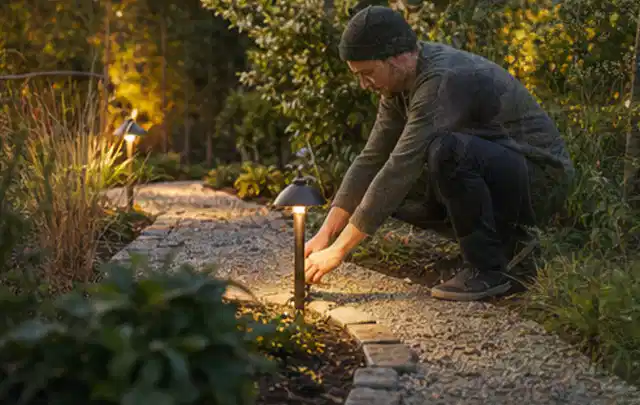 Person richtet eine niedrige warm leuchtende Gartenlampe am Kiesweg aus; Thema Vorgarten, Schwerpunkt Hanglage; Umsetzung.
