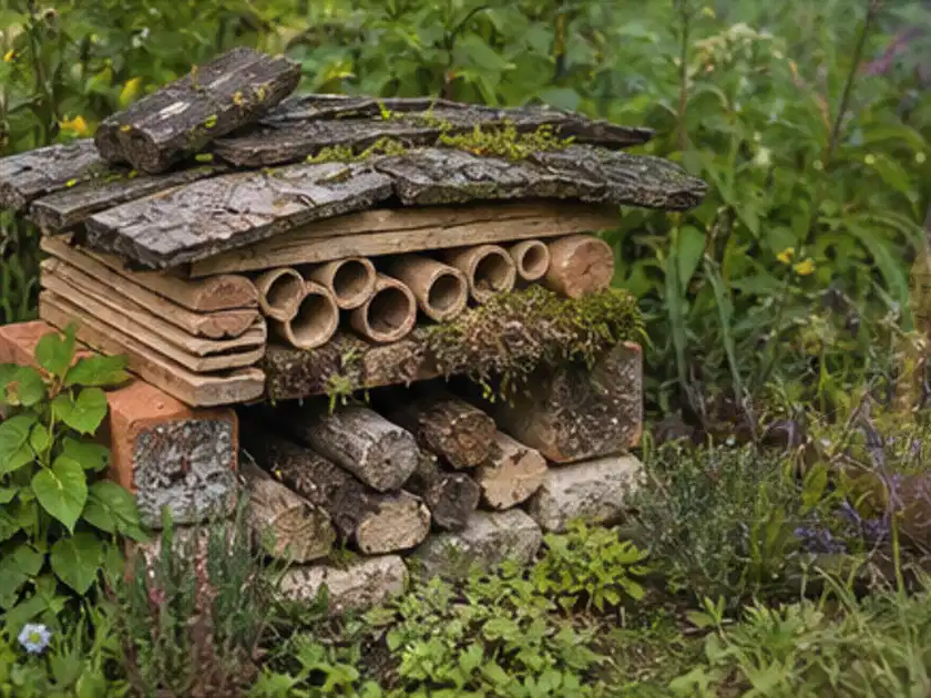 Naturnaher Unterschlupf aus Holz Rinde und Pflanzenstängeln im Garten; Thema Vorgarten, Schwerpunkt Inspiration; Titelbild.