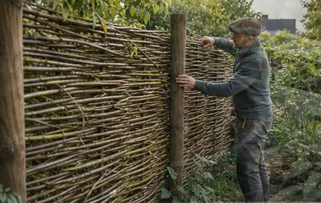 Person befestigt geflochtene Weidenruten an stabilen Holzpfosten im Garten; Thema Vorgarten, Schwerpunkt Inspiration; Umsetzung.