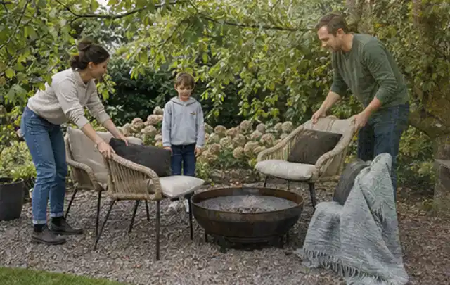 Familie stellt wetterfeste Sessel an einem geschützten Sitzplatz im Garten auf; Thema Vorgarten, Schwerpunkt Inspiration; Kontrolle.