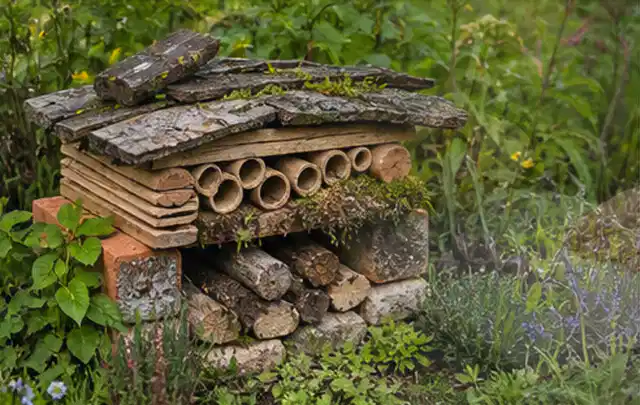 Naturnaher Unterschlupf aus Holz Rinde und Pflanzenstängeln im Garten; Thema Vorgarten, Schwerpunkt Kosten; Ausgangslage.